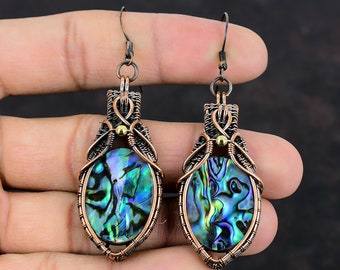 Abalone Shell Copper Earring Copper Wire Wrapped Jewelry Gemstone Earring Abalone Shell Jewelry Handmade Earrings Wire Wrap Earring For Gift