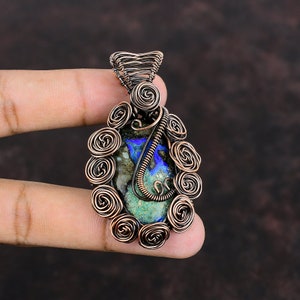 Azurite Malachite Copper Pendant Wire Wrapped Gemstone Pendant Copper Jewelry Handmade Pendant  Wire Wrap Jewelry Wedding Gift Healing Stone