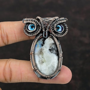 Rainbow Moonstone Pendant Copper Wire Wrapped Pendant Handmade Jewelry Blue Color Evil Eye Pendant Owl Pendant Gemstone Copper Jewelry Gift