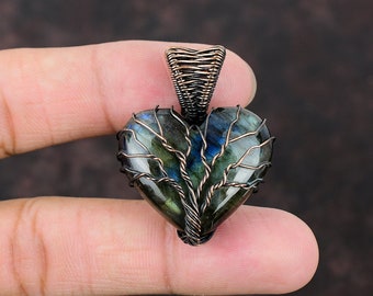 Tree Of Life Labradorite Pendant Copper Wire Wrapped Pendant Tree Of Life Gemstone Jewelry Handmade Heart Pendant Copper Jewelry For Gift