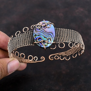 Abalone Shell Bangle Copper Wire Wrapped Cuff Bracelet Handmade Real Gemstone Bangle Adjustable Cuff Bracelet Wire Wrap Jewelry Gift For Her