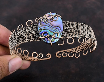 Abalone Shell Bangle Copper Wire Wrapped Cuff Bracelet Handmade Real Gemstone Bangle Adjustable Cuff Bracelet Wire Wrap Jewelry Gift For Her