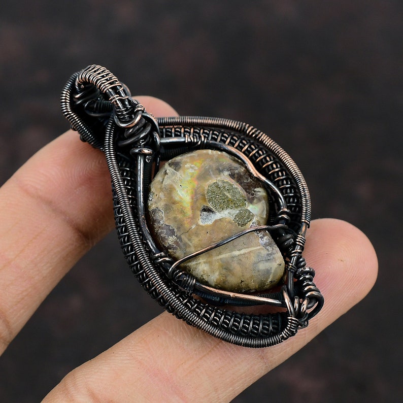 Ammonite Fossil Pendant Copper Wire Wrapped Gemstone Jewelry Copper Pendant Ammonite Fossil Jewelry Handmade Wire Wrap Pendant Gift For Him image 9