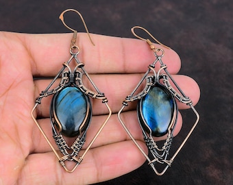Labradorite Gemstone Earring Copper Wire Wrapped Earring Handmade Earring Copper Jewelry Designer Earring Wire Wrapped Jewelry Gifts For Mom