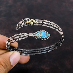 Copper Blue Turquoise Cuff Bracelet Gemstone Bangle Copper Wire Wrapped Jewelry Handmade Adjustable Cuff Bracelet Copper Wire Wrapped Bangle