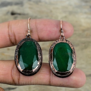 Faceted Zambian Emerald Earring Electroformed Copper Earrings Natural Gemstone Handmade Earring Unique Copper Design Jewelry Gifts For Wife