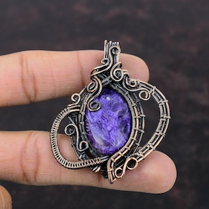 Colgante de charoita envuelto en alambre de cobre, joyería de piedras preciosas envueltas en alambre, joyería de cobre antigua, regalo para mamá, colgante hecho a mano, elegante colgante