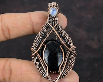 Psilomelane Gemstone Pendant Rainbow Moonstone Pendant Copper Wire Wrapped Pendant Handmade Wire Wrap Jewelry Gift For Mother Copper Jewelry