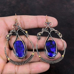 Faceted Blue Sapphire Earring Copper Wire Wrapped Earring Gemstone Handmade Earrings Copper Wire Jewelry Brand New Earring Anniversary Gift