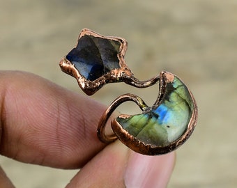 Labradorite Ring Electroformed Copper Ring Handmade Gemstone Jewelry Adjustable Ring Moon & Star Ring Beautiful Copper Jewelry Gifts For Him