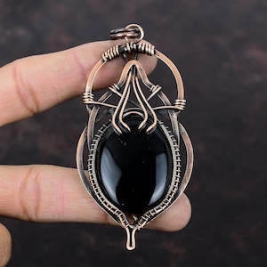 Pingente de ônix preta com fio de cobre enrolado, joia de cobre antiga feita à mão, pingente novo com fio enrolado, joia com pedra preciosa para presente
