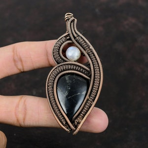 Shungite Pendant Copper Wire Wrapped Pendant Rainbow Moonstone Pendant Shungite Jewelry Handmade Gemstone Pendant Copper Jewelry For Gift