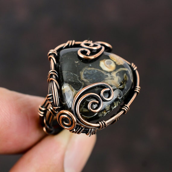Copper Patina Ring - Brown Ornate Design - Anju Jewelry