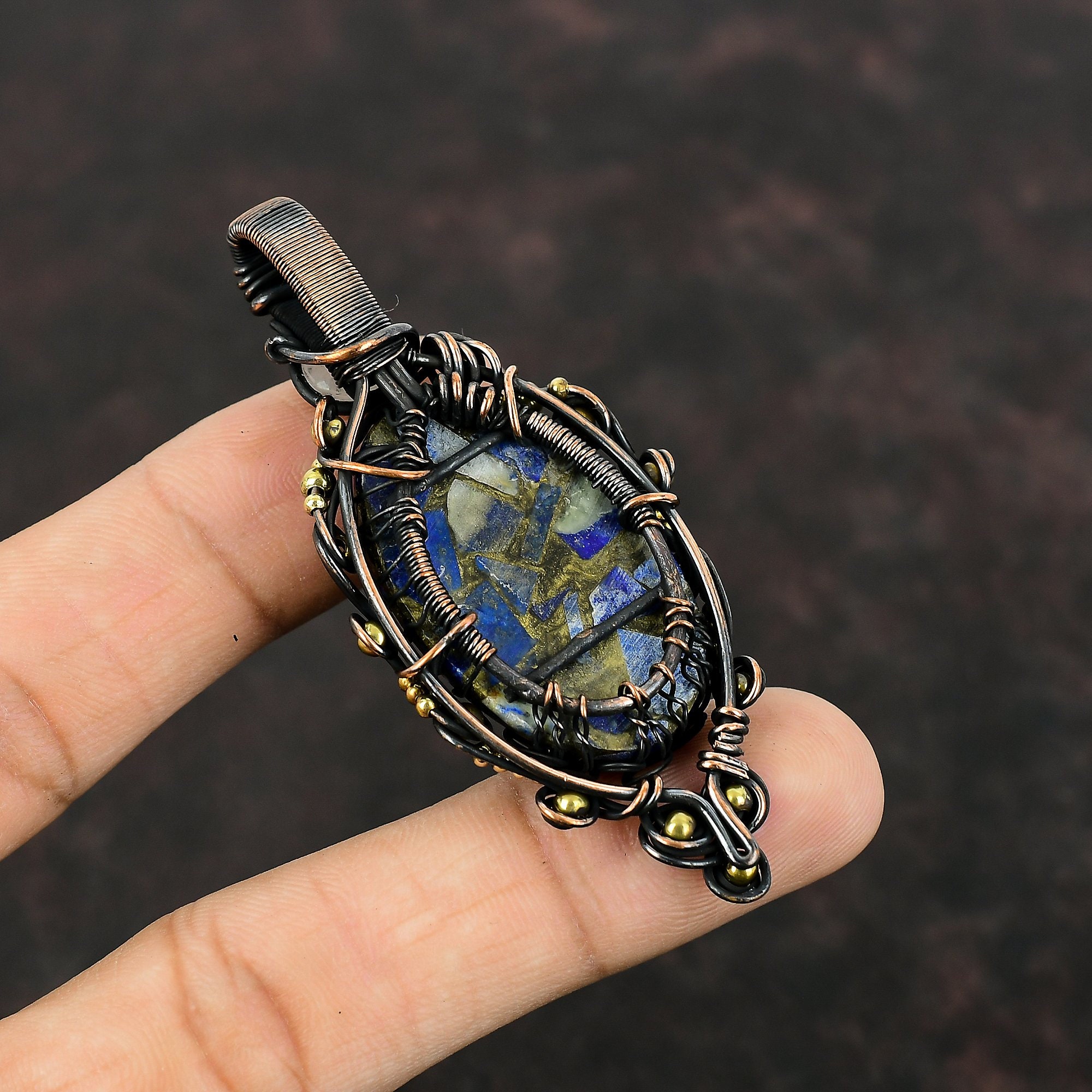 Pendentif Artisanal Pierre Et Cristaux Cerclé Métal - Occasion, Taille 50x38mm