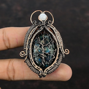 Tree Of Life Copper Chrysocolla Pendant Copper Wire Wrapped Pendant Rainbow Moonstone Gemstone Pendant Handmade Copper Jewelry Gift For Him