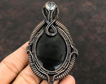 Argent brillant obsidienne pendentif fil de cuivre enveloppé pendentif topaze blanche pendentif gemme cuivre bijoux cadeau pour elle pendentif designer fait à la main