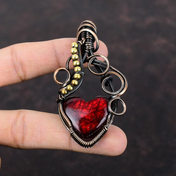 Pendentif labradorite rouge feu fil de cuivre enveloppé pendentif pierres précieuses cuivre bijoux style ethnique pendentif fait main wrap bijoux cadeau de mariée