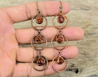 Pendientes de cornalina, pendientes de cobre electroformado, pendientes hechos a mano, joyería electroformada, pendientes de piedras preciosas muy bonitos, joyería de cobre para regalo.