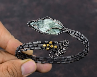Seraphinite Cuff Bracelet Copper Wire Wrapped Adjustable Bangle Gemstone Handmade Jewelry Copper Cuff Bracelet Wire Wrap Bangle Gift For Mom