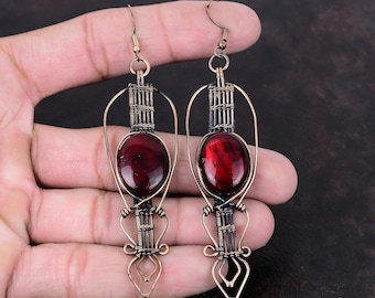 Red Fire Labradorite Earring Copper Wire Wrapped Gemstone Earrings Handmade Copper Jewelry Latest Design Earring Wire Wire Jewelry For Gift