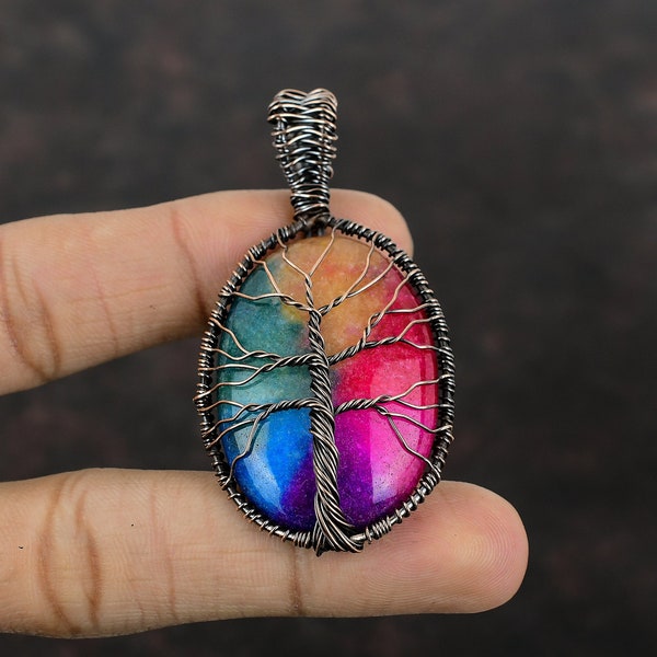 Tree Of Life Rainbow Solar Quartz Druzy Pendant Copper Wire Wrapped Gemstone Pendant Gift For Mom Handmade Pendant Beautiful Copper Jewelry