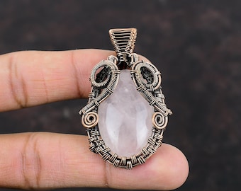 Rose Quartz Pendant Copper Wire Wrapped Pendant Rose Quartz Copper Jewelry Handmade Pendant Wire Wrapping Jewelry Gemstone Pendant For Gift