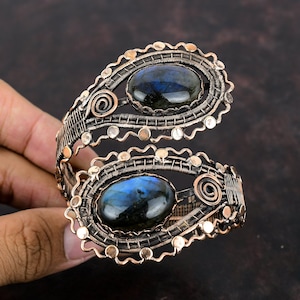 Labradorite Bangle Copper Wire Wrapped Cuff Bracelet Adjustable Gemstone Cuff Bracelet Copper Wire Wrap Jewelry Handmade Bangle Gift For Him
