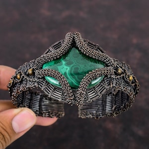 Malachite Cuff Bracelet Copper Wire Wrapped Jewelry Adjustable Bangle Handmade Cuff Bracelet Gift For Mother Gemstone Bangle Copper Jewelry
