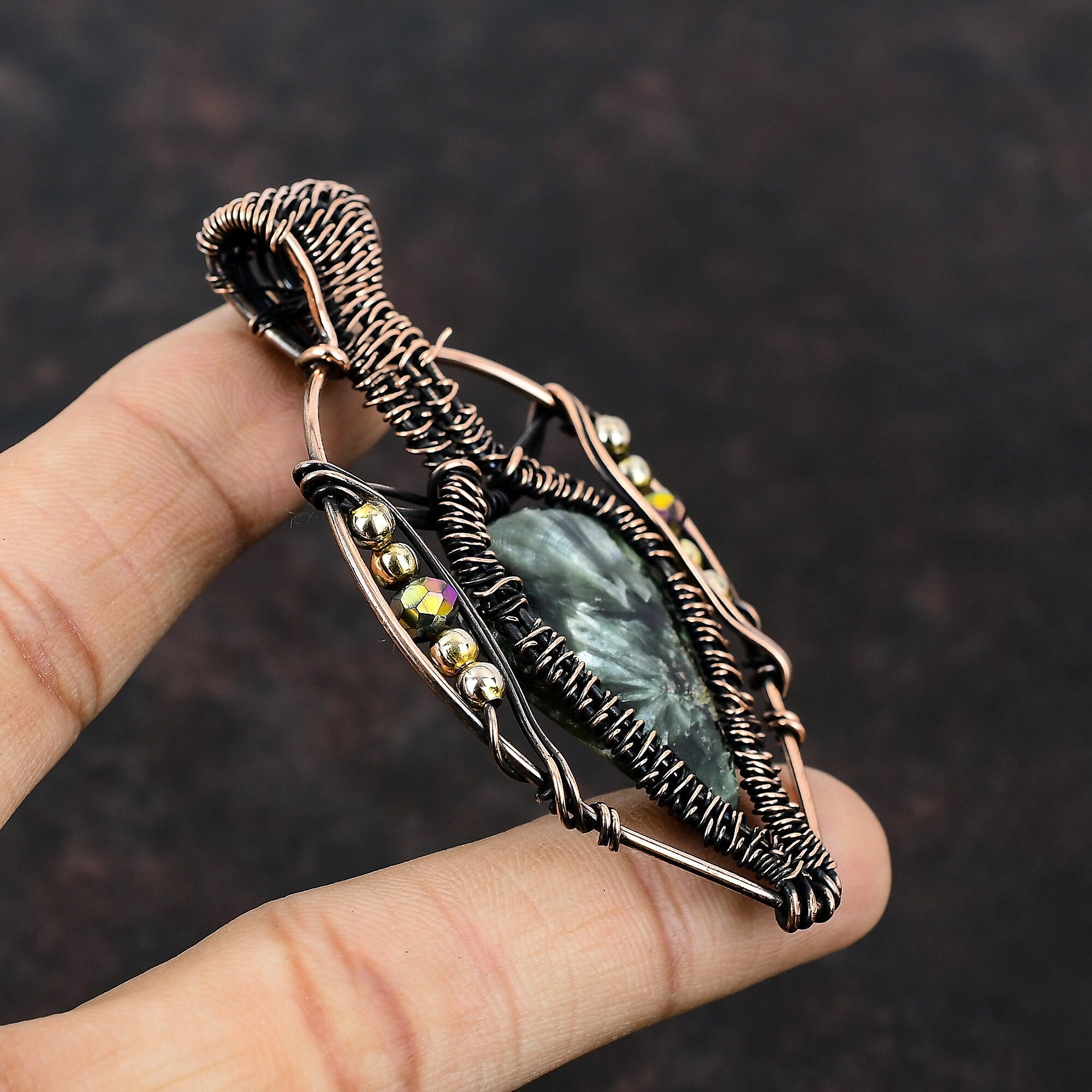Wire Wrapped Copper Necklace with Seraphinite Bead. Sun Pendant with Seraphinite. | DmitriyBrovkoJewelry