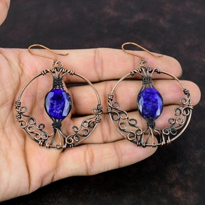 Faceted Blue Sapphire Earring Copper Wire Wrapped Earring Handmade Gemstone Jewelry Copper Wire Jewelry Latest Design Earrings Gift For Her