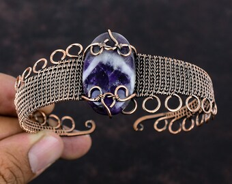 Chevron Amethyst Gemstone Cuff Bracelet Copper Wire Wrapped Bangle Adjustable Cuff Bracelet Copper Wire Jewelry Gift For Mom Handmade Bangle