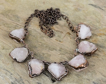 Rose Quartz Rough Necklace Electroformed Copper Necklace Adjustable Chain Necklace Handmade Gemstone Necklace Electroformed Jewelry For Gift