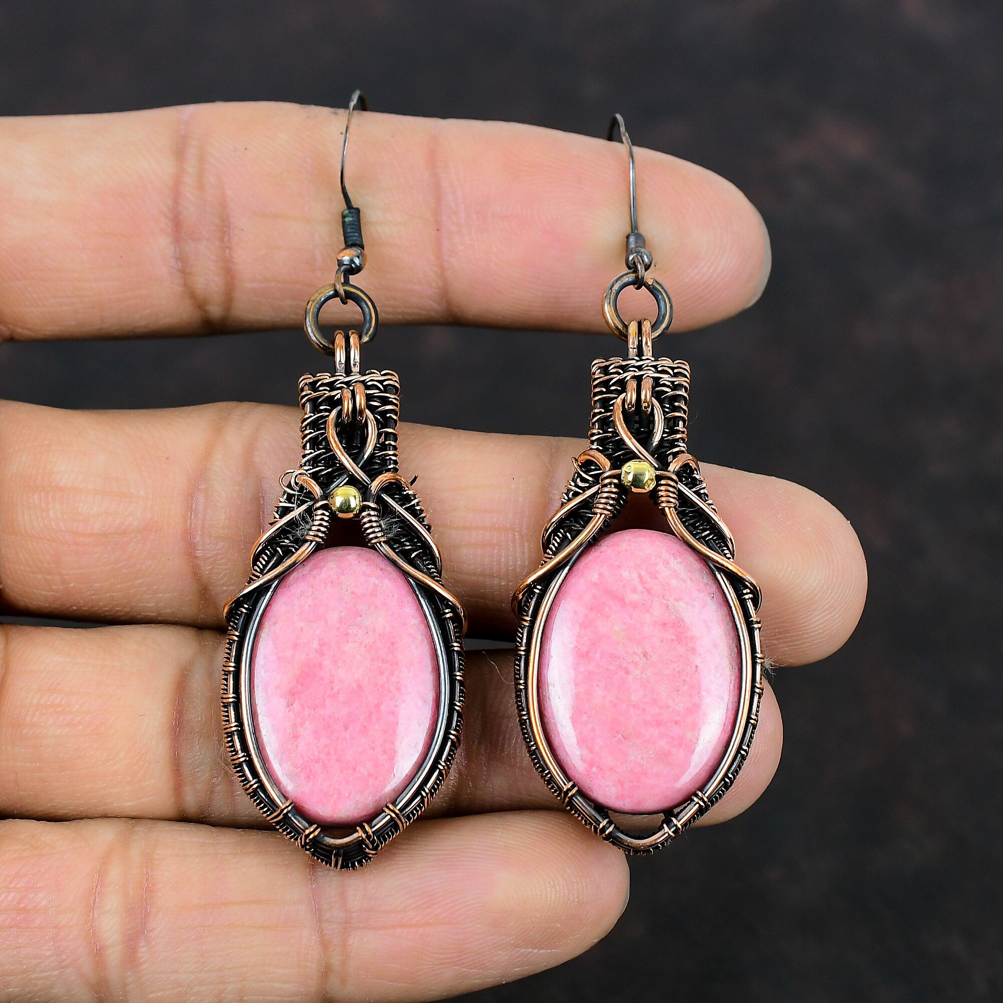 Thulite Earring Copper Wire Wrapped Earrings Unique Copper Design