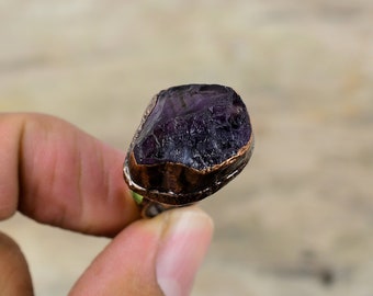 African Amethyst Rough Ring Green Tourmaline Rough Gemstone Ring Electroformed Copper Ring Adjustable Rings Handmade Electroformed Jewelry