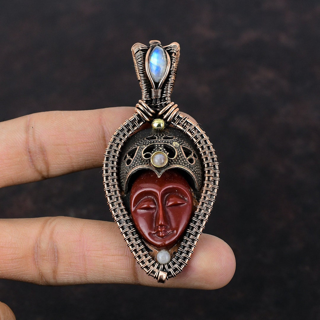 Red Carved Bone Face Pendant Copper Wire Wrapped Gemstone Pendant Handmade Rainbow Moonstone