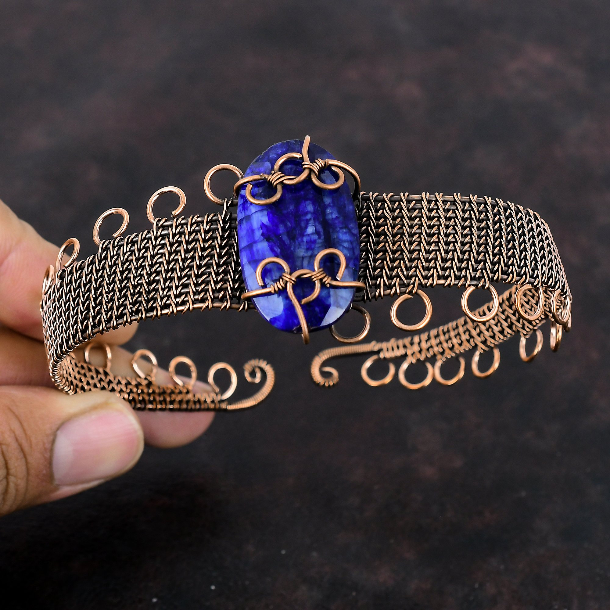 Faceted Blue Sapphire Cuff Bracelet Copper Wire Wrapped Bangle Adjustable Bangle Handmade Cuff Bracelet Gemstone Copper Jewelry Gift For Him
