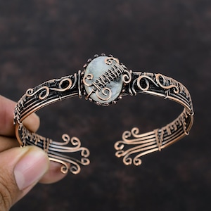 Rainbow Moonstone Copper Cuff Bracelet Copper Wire Wrapped Bangle Handmade Adjustable Bracelet Gemstone Jewelry Wire Wrap Cuff Unique Bangle