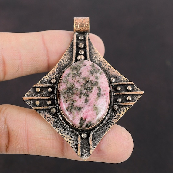 Rhodonite Pendant Copper Pendant Handmade Pendant Rhodonite Jewelry High Quality Gemstone Pendant Unique Copper Design Jewelry Gift For Her