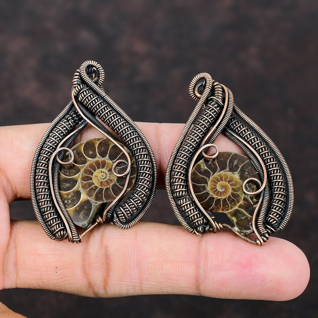 Ammonite Fossil Copper Earring Copper Wire Wrapped Earrings Dainty