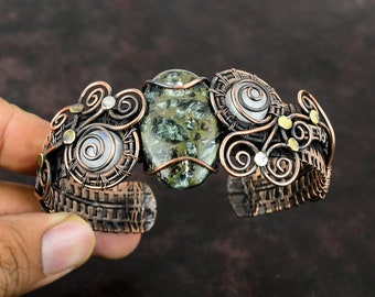 Copper Seraphinite Cuff Bracelet: Wire Wrapped Rainbow Moonstone Bangle