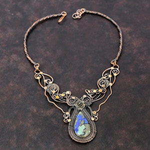 Azurite Malachite Necklace Copper Wire Wrapped Necklace Adjustable Necklace Handmade Copper Jewelry Dainty Gemstone Necklace Engagement Gift