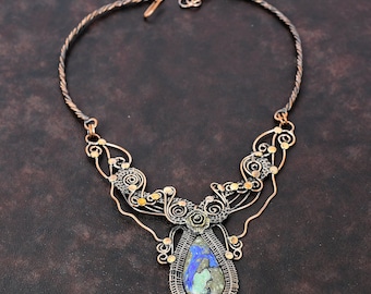 Azurite Malachite Necklace Copper Wire Wrapped Necklace Adjustable Necklace Handmade Copper Jewelry Dainty Gemstone Necklace Engagement Gift