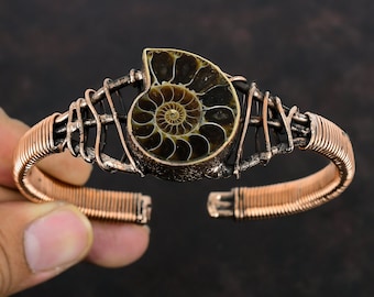 Ammonite Fossil Gemstone Cuff Bracelet Copper Wire Wrapped Bangle Adjustable Cuff Handmade Bangle Very Pretty Copper Jewelry Gifts For Women