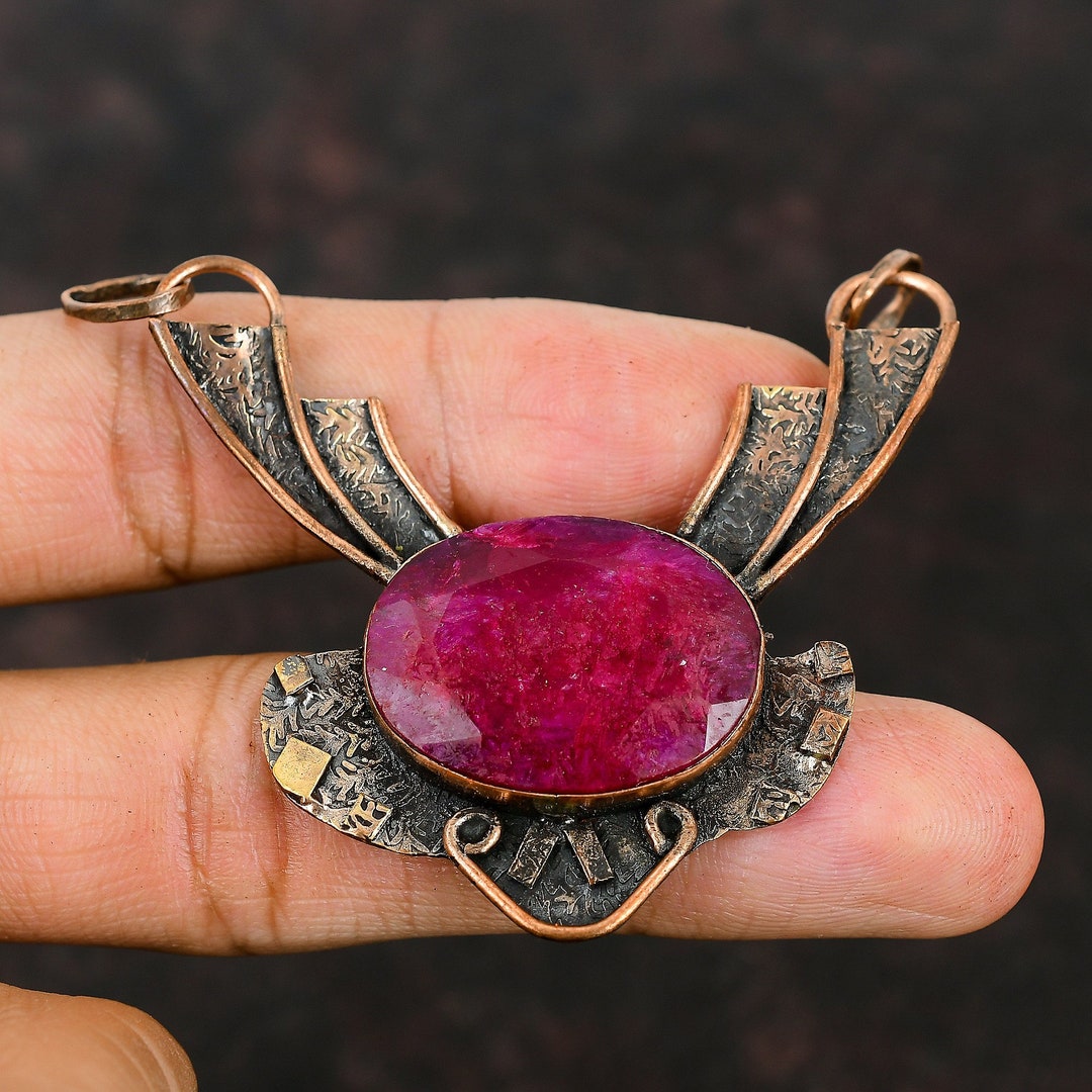 Faceted Kashmir Ruby Pendant Copper Pendant Genuine Gemstone Pendant