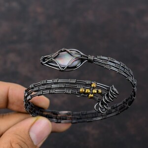 Black Mother Of Pearl Bangle Copper Wire Wrapped Cuff Top Quality Gemstone Adjustable Bangle Handmade Bracelet For Gift Copper Wire Jewelry