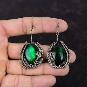 Green Fire labradoriet oorbel koperdraad gewikkeld oorbel handgemaakte sieraden natuurlijke edelsteen oorbellen koperen sieraden sierlijke oorbel voor cadeau