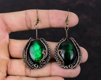 Green Fire Labradorite Earring Copper Wire Wrapped Earring Handmade Jewelry Natural Gemstone Earrings Copper Jewelry Dainty Earring For Gift