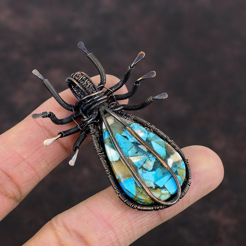 Copper Blue Turquoise Pendant Copper Wire Wrapped Spider Pendant Handmade Pendant Designer Copper Jewelry Anniversary Gift Gemstone Pendants image 9