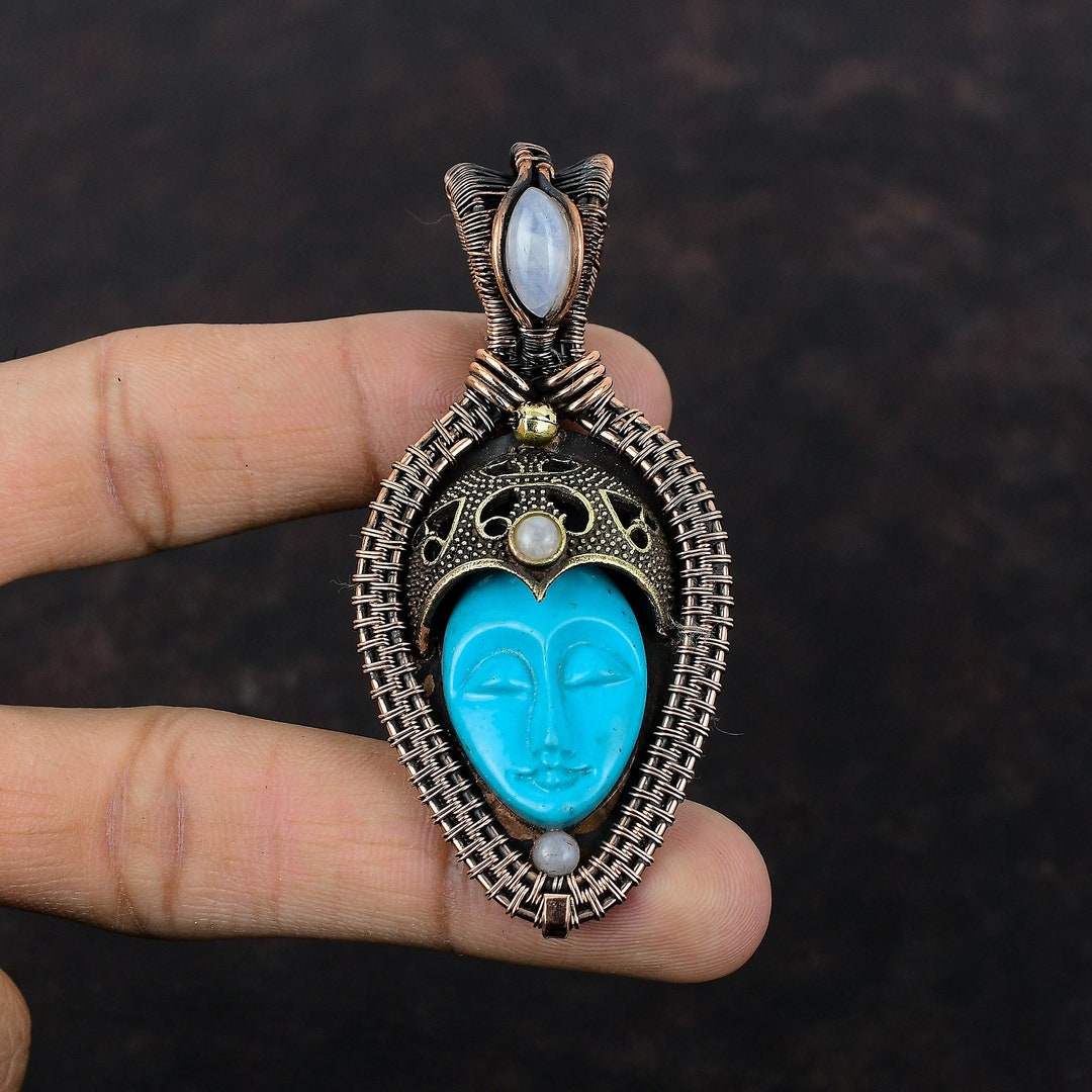 Blue Carved Bone Face Pendant Copper Wire Wrapped Pendant Etsy