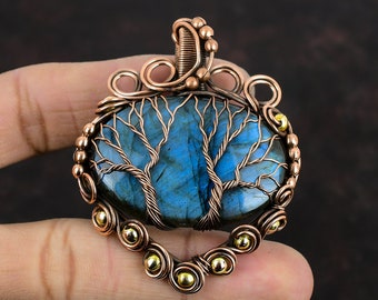 Pendentif arbre de vie labradorite avec fil de cuivre emballé, bijoux en cuivre antique, pendentif en pierres précieuses naturelles, bijoux faits main, cadeaux pour elle